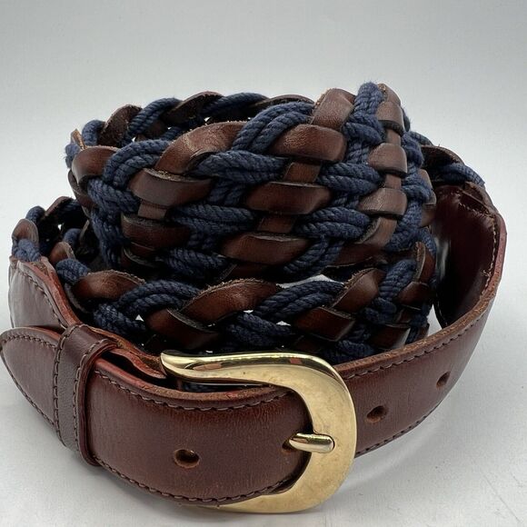Mens Tuttle Woven Braided Leather Cord Belt Navy Brown Italy Gold Buckle 44 - Picture 1 of 7